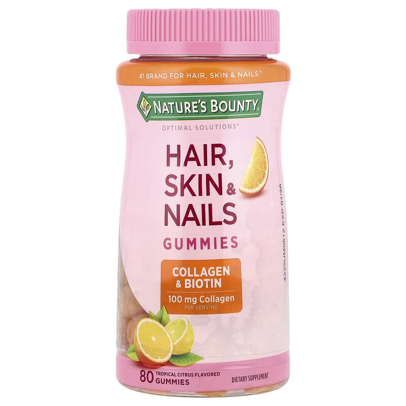Nature's Bounty, Optimal Solutions, Hair, Skin, & Nails Gummies, Collagen & Biotin, Tropical Citrus, 80 Gummies - Medaid International