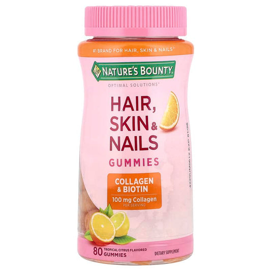 Nature's Bounty, Optimal Solutions, Hair, Skin, & Nails Gummies, Collagen & Biotin, Tropical Citrus, 80 Gummies - Medaid International