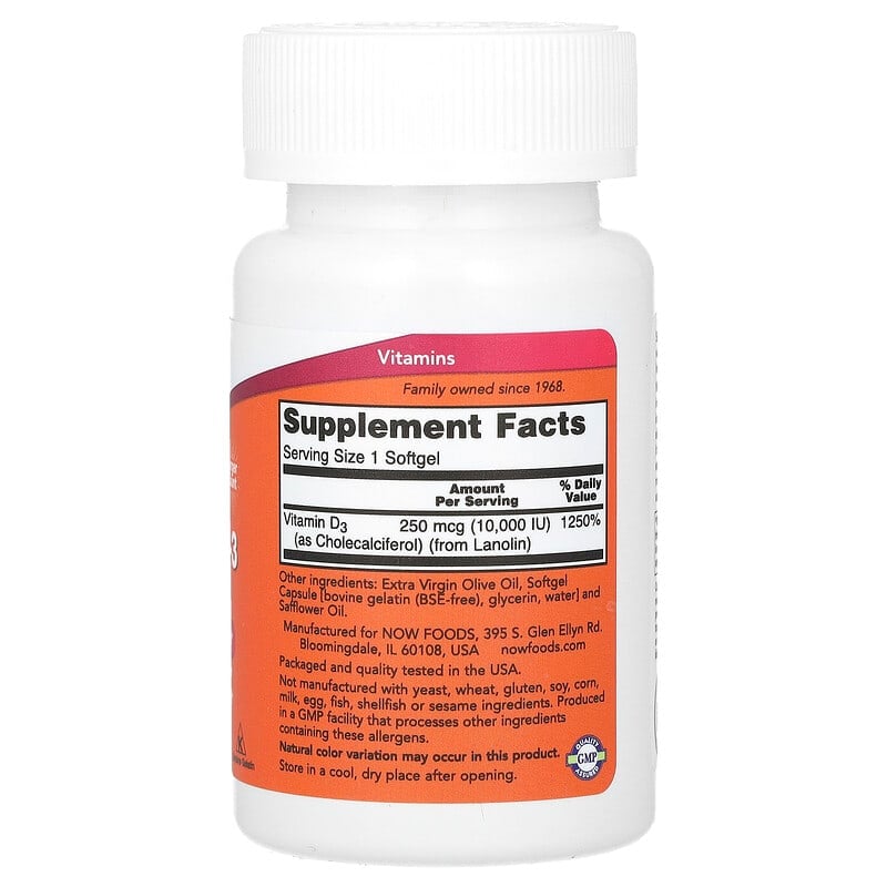 NOW Foods, Vitamin D-3, High Potency, 10,000 IU, 240 Softgels - Medaid International