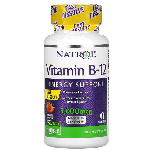 Natrol, Vitamin B-12, Fast Dissolve, Maximum Strength, Strawberry, 5,000 mcg, 100 Tablets - Medaid International