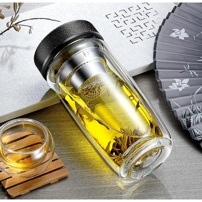300 ML, Double Walled Borosilicate Glass Tumbler with Infuser Filter for Water, Tea and Coffee - Medaid