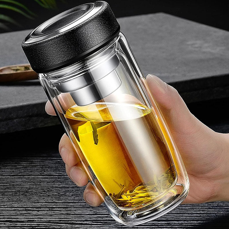 300 ML, Double Walled Borosilicate Glass Tumbler with Infuser Filter for Water, Tea and Coffee - Medaid