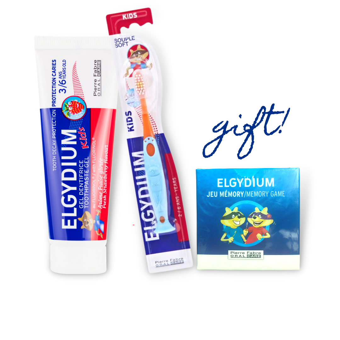 Elgydium Kids Fresh Strawberry Toothpaste Ages 3 to 6 + ELGYDIUM KIDS TOOTHBRUSH AGES 2 TO 6 + FREE  Memory Game - Medaid