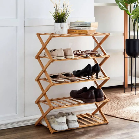 5 Layer Wooden Bamboo Foldable Shoe Rack Portable Folding Shoe Storage Racks Freestanding Multipurpose Shoe Shelves for Hallway Entryway Bedroom - Medaid