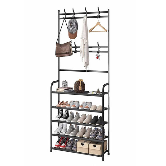 5 Tier Shoe Rack with 8 Removable Hooks Multifunctional Storage Shelves and Coat Hangers Shoe Stand Organizer for Bedroom Hallway and Entryway Black - Medaid