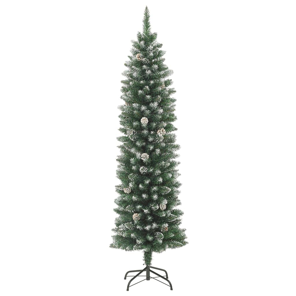 vidaXL 4ft Slim Artificial Christmas Tree with Stand - Green & White, Decorated with Cones and White Snow, Complete with Steel Stand - Medaid International