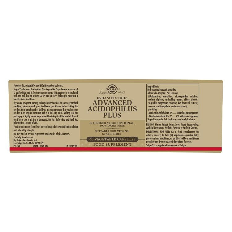 Solgar Advanced Acidophilus Plus, 60 Vegetable Capsules - Supports Healthy Intestinal Flora - 500 Million Microorganisms Per Serving - Gluten & Dairy Free - Vegetarian - 60 Servings - Medaid International