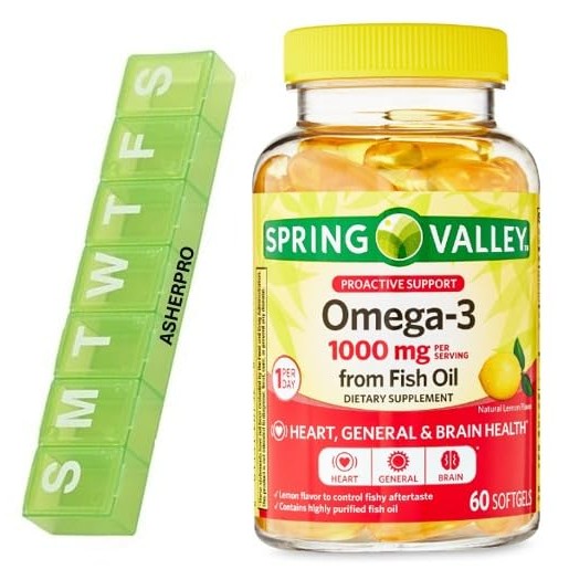 Asherpro Spring Valley Omega-3 Fish Oil, 1000mg, Omega 3 Fish Oil, Fish Oil Omega 3 Supplements,Omega3, Omega 3 Fatty Acid Supplements, Fish Oil Supplements,= 120 Count + Pill Organizer - Medaid International