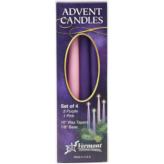 Christmas Advent Candle Set (Set of 4) - Made in The U.S.A. - 10 Inch Wax Taper Candles - 3 Purples Candles & 1 Pink Candle - Medaid International