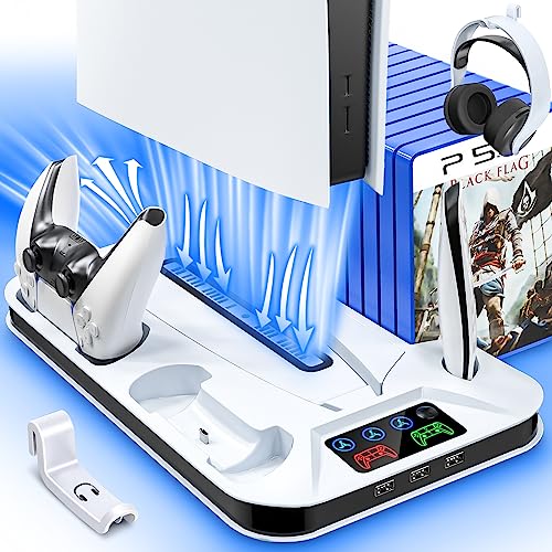 Zrzlmvp - PS5 Stand with Cooling Fan, Dual Controller Charger & USB Ports