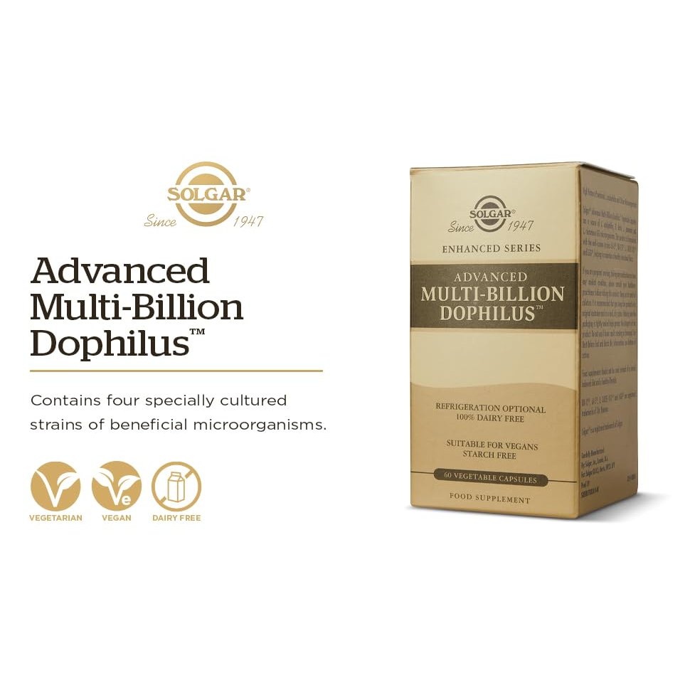 Solgar Advanced Multi-Billion Dophilus, 60 Vegetable Capsules - Supports Healthy Intestinal Flora - 5 Billion Microorganisms Per Serving - Gluten, Dairy, Lactose & Milk No - Vegetarian - 60 Servings - Medaid International