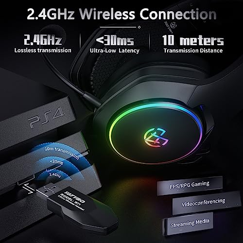 Tatybo - 2.4GHz Wireless Gaming Headset with Detachable Mic, 20hr Battery