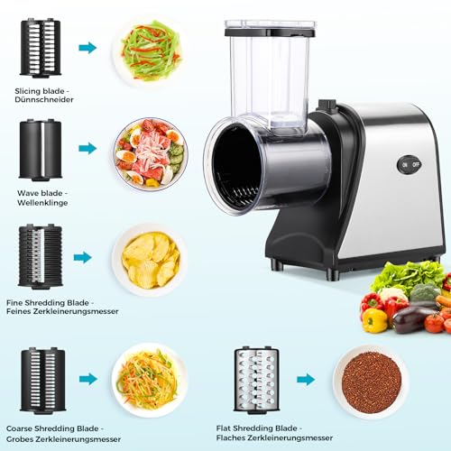 Nictemaw - Electric Stainless Steel 250W Vegetable Grater with 5 Blades, Large Filling Slot for Easy Use
