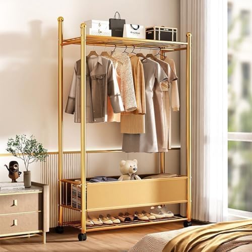 Clothes Hanger Stand with Shelves, Free Standing Metal Clothing Hanging Rack, Single Rail, Wardrobe with Top & Bottom Storage Shelf for Shoes Handbags Baskets, Bedroom Garment Organizer (Style-A) - Medaid - Lebanon