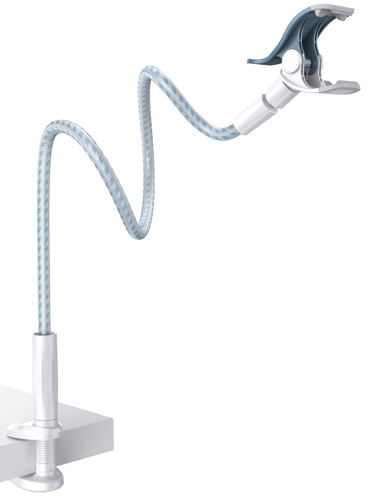 Lamicall Gooseneck Phone Holder Bed - [Nylon Braided] Flexible Arm, Overall Length 38inch, 360 Adjustable Clamp Clip, Overhead Cell Phone Mount Stand for Bed, Blue White - Medaid International