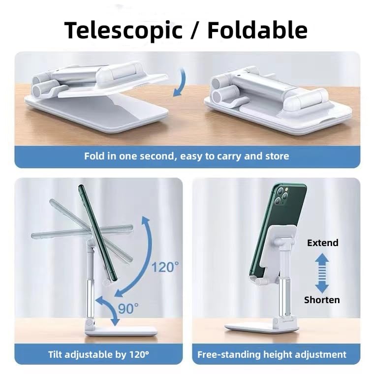 Phone Stand, Adjustable Height and Angle Foldable Cell Phone Stand Holder for Desk, Travel Home Office Desk Accessories Compatible for All Phones - Black - Medaid International
