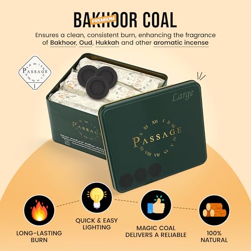 PASSAGE Charcoal Premium Bakhoor/Oud Quick Lighting Large Briquets | Metal Box | 54 Pieces | SIZE 40mm | BURNING TIME 60 MINUTE | Odourless – Smokeless – Longer Burning | Best For-Large Areas- Majlis - Medaid International