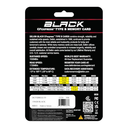 Delkin Devices BLACK CFexpress Type B Memory Card, up to 1725MB/s Read, 1530MB/s Write, for Professional Video and Photography (150GB) - Medaid International