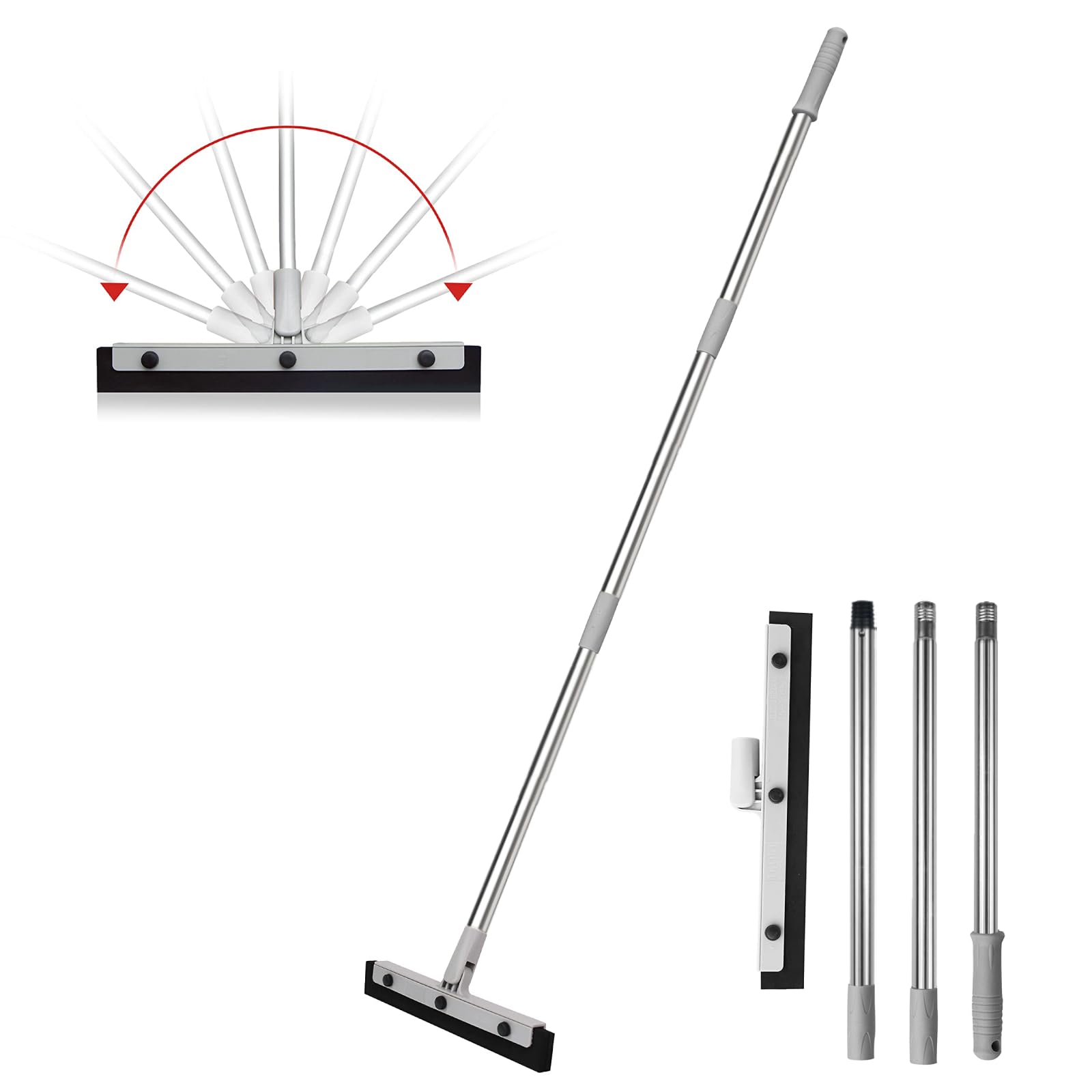 DrDirt Floor Squeegee, 14-Inch Swivel Squeegee Head, Replaceable Foam Rubber Blade, 3-Section Stainless Steel Pole, for Bathroom, Kitchen, Pet Hair, and Carpet - Medaid International