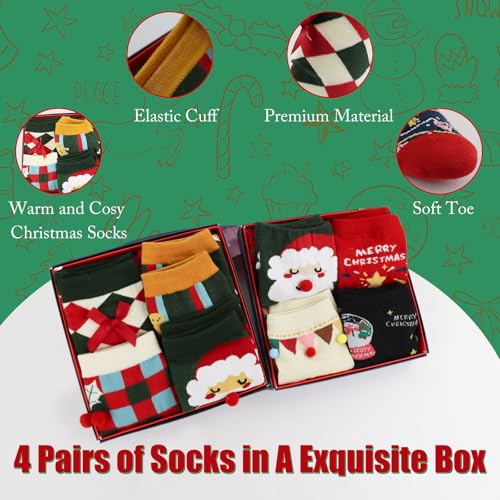 Andiker 4 Pack Christmas Socks for Women & Men, Thermal Festive Christmas Sock with Patterns, Family Xmas Socks with Xmas Box (Style C) - Medaid International