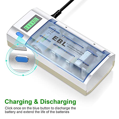 Ebl - Universal Battery Charger with LCD Display, Discharge Function, for AA, AAA, C, D, 9V Rechargeable Batteries