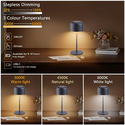 Klighten - Dimmable LED Battery Table Lamp, Wireless, 3 Colors, Rechargeable