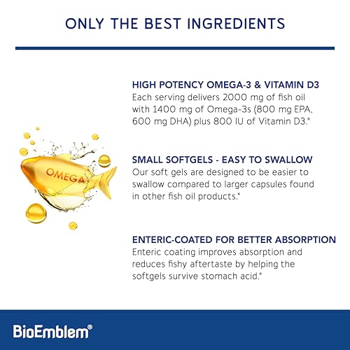 BioEmblem Omega-3 Fish Oil 2000mg - Small Size Softgels, High Absorption Form, Sustainable - 1400mg EPA &DHA Plus Vitamin D3, Non-GMO, Heart, Joint, & Brain Health Fish Oil Supplement, 120 Ct - Medaid International
