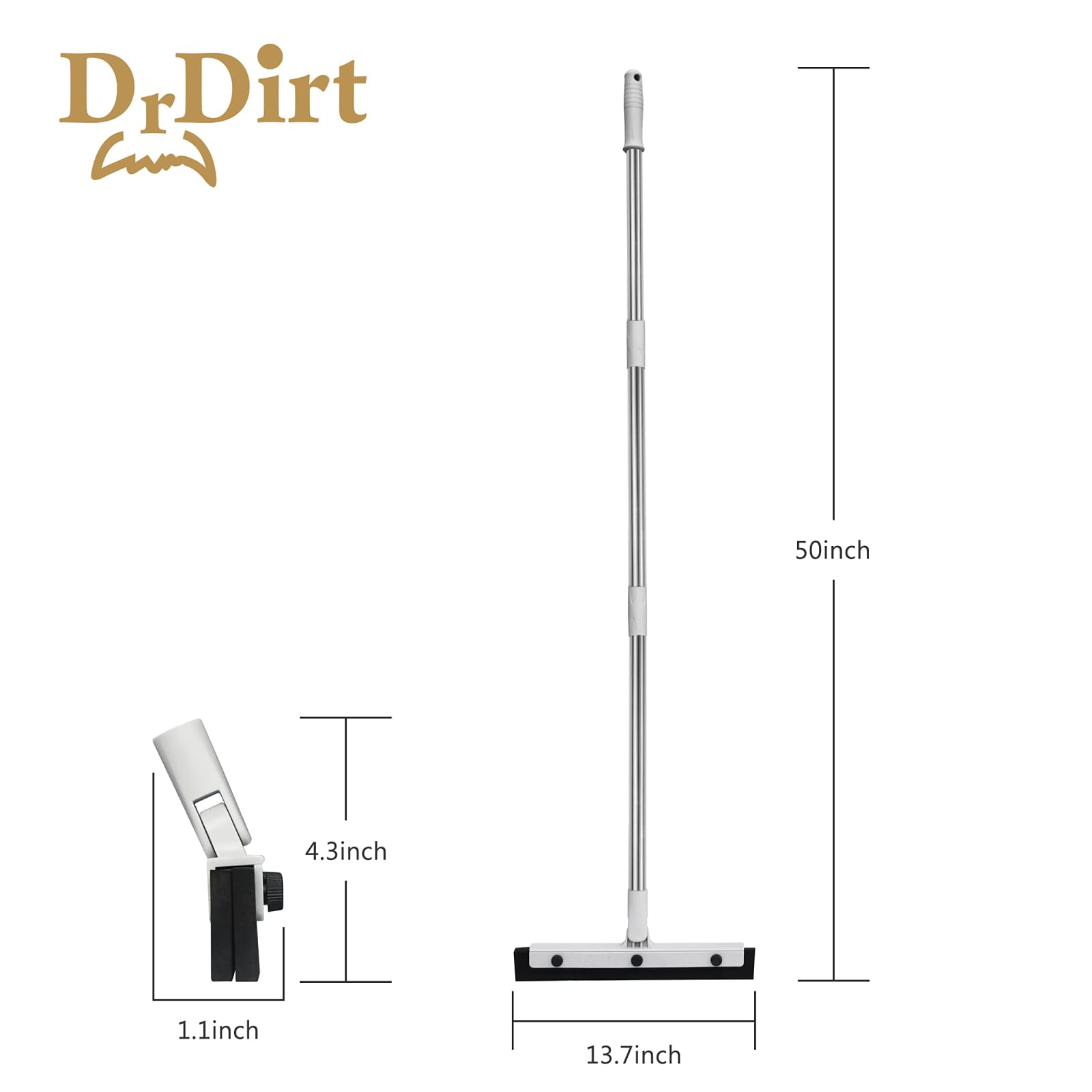 DrDirt Floor Squeegee, 14-Inch Swivel Squeegee Head, Replaceable Foam Rubber Blade, 3-Section Stainless Steel Pole, for Bathroom, Kitchen, Pet Hair, and Carpet - Medaid International