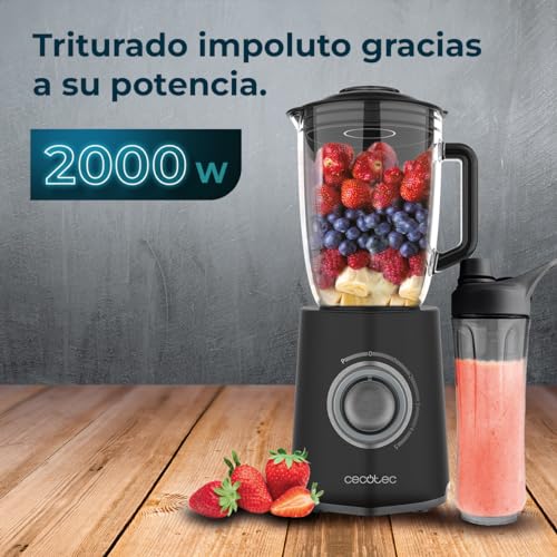 Cecotec - 2000W Glass Blender with Black Titanium Blades, 1.5L Capacity