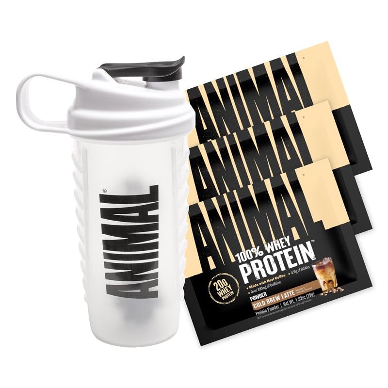 Animal 100% Whey Protein Powder Sampler Pack & Shaker Bottle – Real Instant Iced Coffee Whey + 20g of Protein, 120mg of Caffeine Meal Replacement with BCAA – Cold Brew Latte, 3 Single-Serving Packets - Medaid International