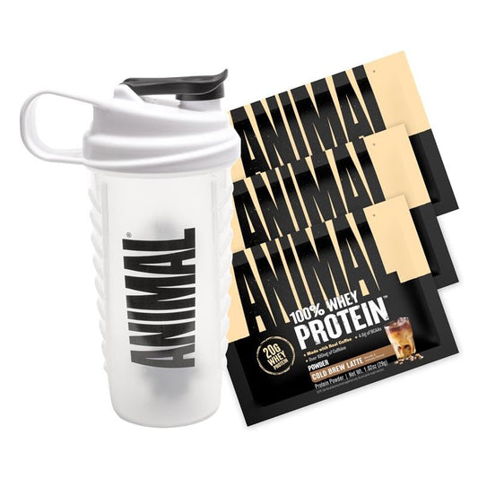Animal 100% Whey Protein Powder Sampler Pack & Shaker Bottle – Real Instant Iced Coffee Whey + 20g of Protein, 120mg of Caffeine Meal Replacement with BCAA – Cold Brew Latte, 3 Single-Serving Packets - Medaid International