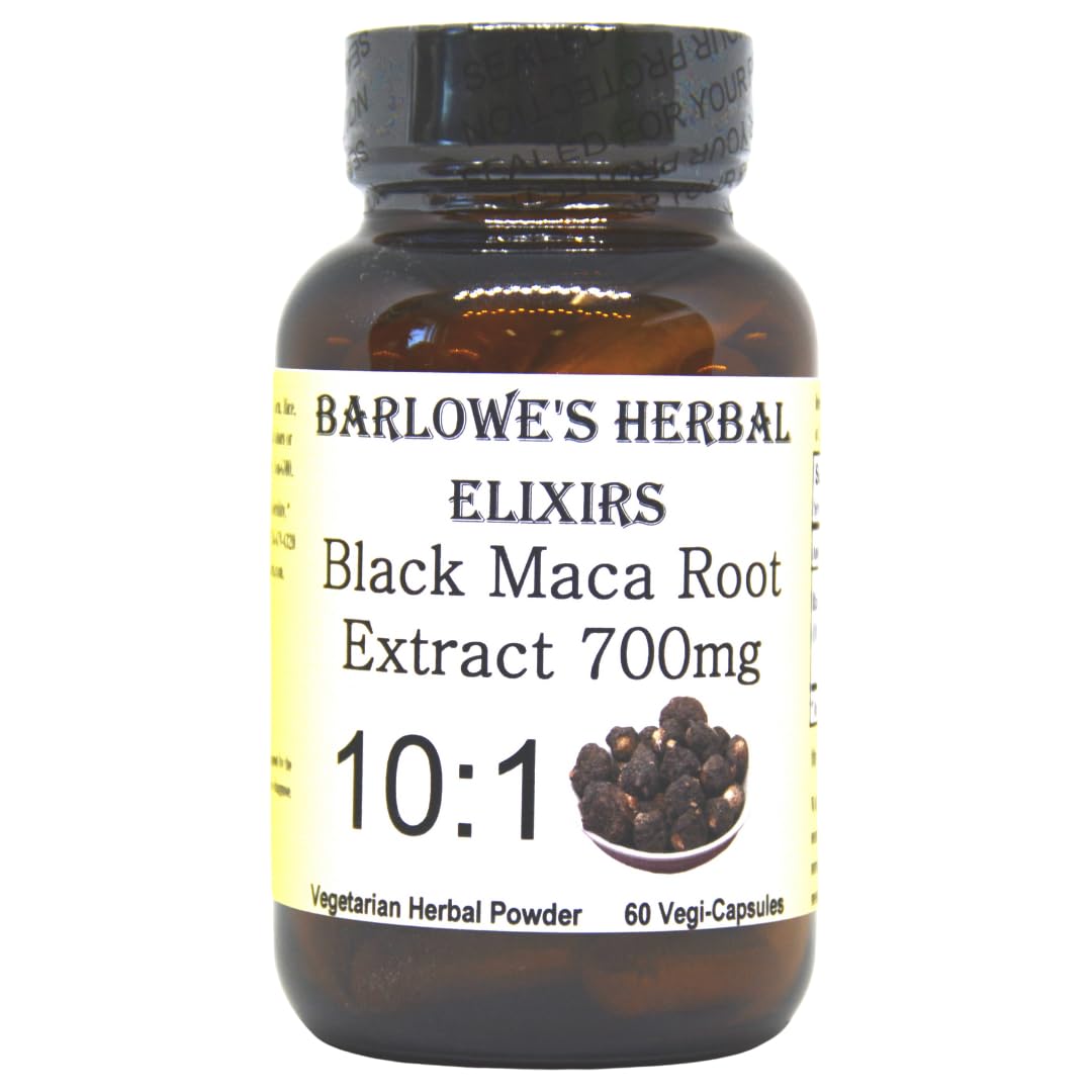 Barlowe's Herbal Elixirs Black Maca | Peruvian Maca Root Extract | 700 mg per Capsule | 60 Veggie Capsules (Vegan, Kosher, Halal) | | Glass Bottle | Third Party Tested - Medaid International