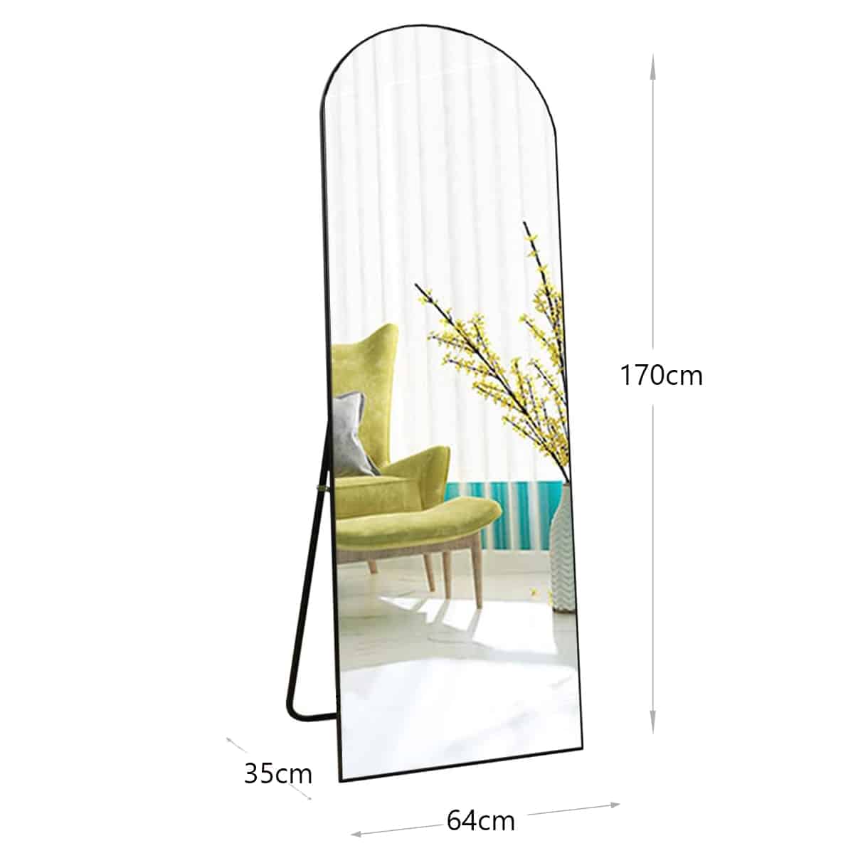 170 CM Modern Arched Floor Standing and Wall Mounted Mirror with Metal Frame Freestanding Mirror with Stand for Home Living Room Bedroom Black - Medaid