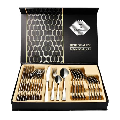 HoaaiGo - 24-Piece Golden Stainless Steel Cutlery Set, Service for 6 with Gift Box