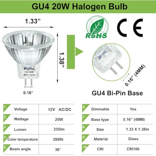 Rnyloas - GU4 Halogen 20W MR11 Bulbs, 6 Pack, Dimmable, Warm White 2800K