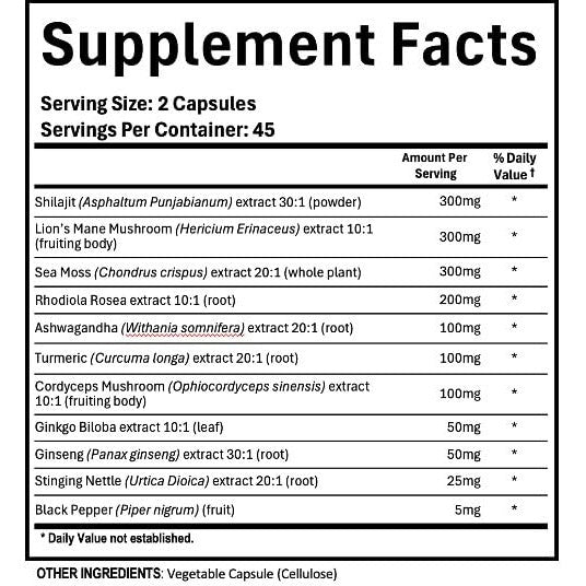 Adndale Shilajit Supplement. Pure Himalayan Organic Shilajit for Men and Women Capsules with Sea Moss Ashwagandha Rhodiola Rosea Lion’s Mane. 90 Count - Medaid International