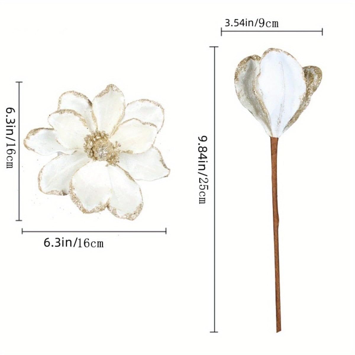 1Pc Glitter White Golden Artificial Flowers, Ideal for Christmas Tree, Wreath and DIY Ornaments for Xmas, New Year, Wedding Party & Holiday Decor - Medaid International