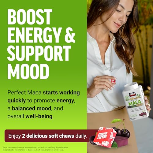 FORCE FACTOR Perfect Maca, Maca Root and DIM Supplement with Saffron to Boost Energy and Mood, with Yellow and Black Maca, Vitamins, Minerals, and Antioxidants, Dark Cherry Flavor, 60 Soft Chews - Medaid International