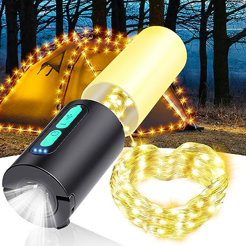 Audles - 33Ft Camping String Lights with Lanterns, 4000mAh Charger, IPX6 Waterproof