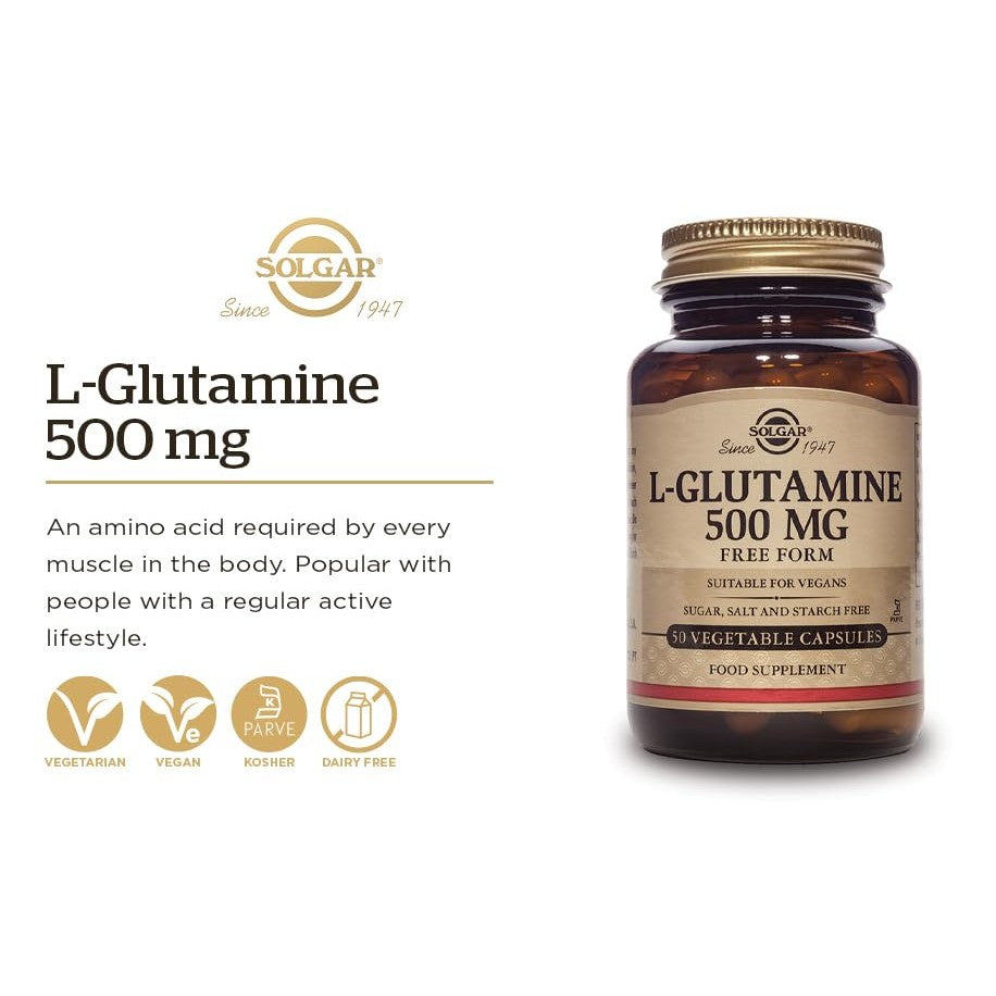 Solgar L-Glutamine 500 mg, 50 Vegetable Capsules - Natural Muscle Food - Promotes Gastrointestinal (GI) Health - Supports Brain Health - Non-GMO, Vegan, Gluten Free, Dairy Free, Kosher - 16 Servings - Medaid International