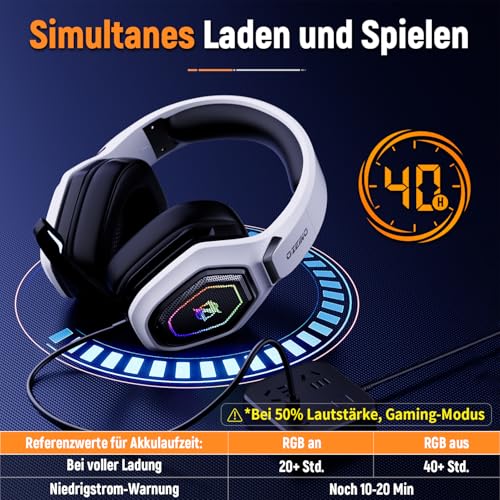 Ozeino - Wireless Gaming Headset with 40h Battery, 7.1 Surround Sound, Dual Connectivity