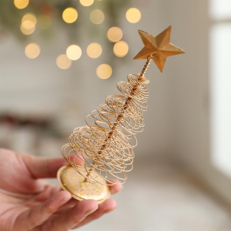 1PC Elegant Gold Spiral Christmas Tree Decor - Glittering Tabletop Trees with Star Toppers for Holiday Home & Office Festive Decorating, Golden, A - Medaid International