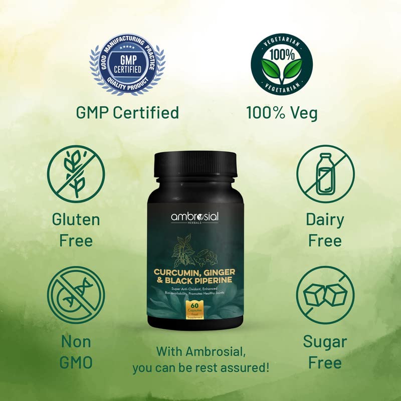 AMBROSIAL Curcumin with Piperine (Black Pepper) & Ginger | (Pack of 1-60 Capsules) - Medaid International