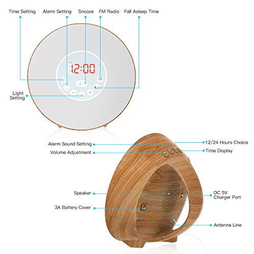 COULAX - Wake Up Light Wood Grain Sunrise Alarm Clock with FM Radio & Snooze Function