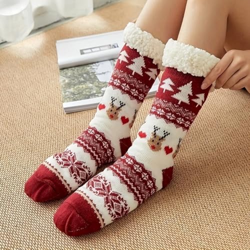 Women's Winter Cartoon Pattern Fleece Crew Socks - Soft Plush Fuzzy Sleep Socks with Non-Slip Grips | Warm, Comfortable & Fluffy for Home, Hospital & Indoor Use | Christmas Gift Idea - Medaid International