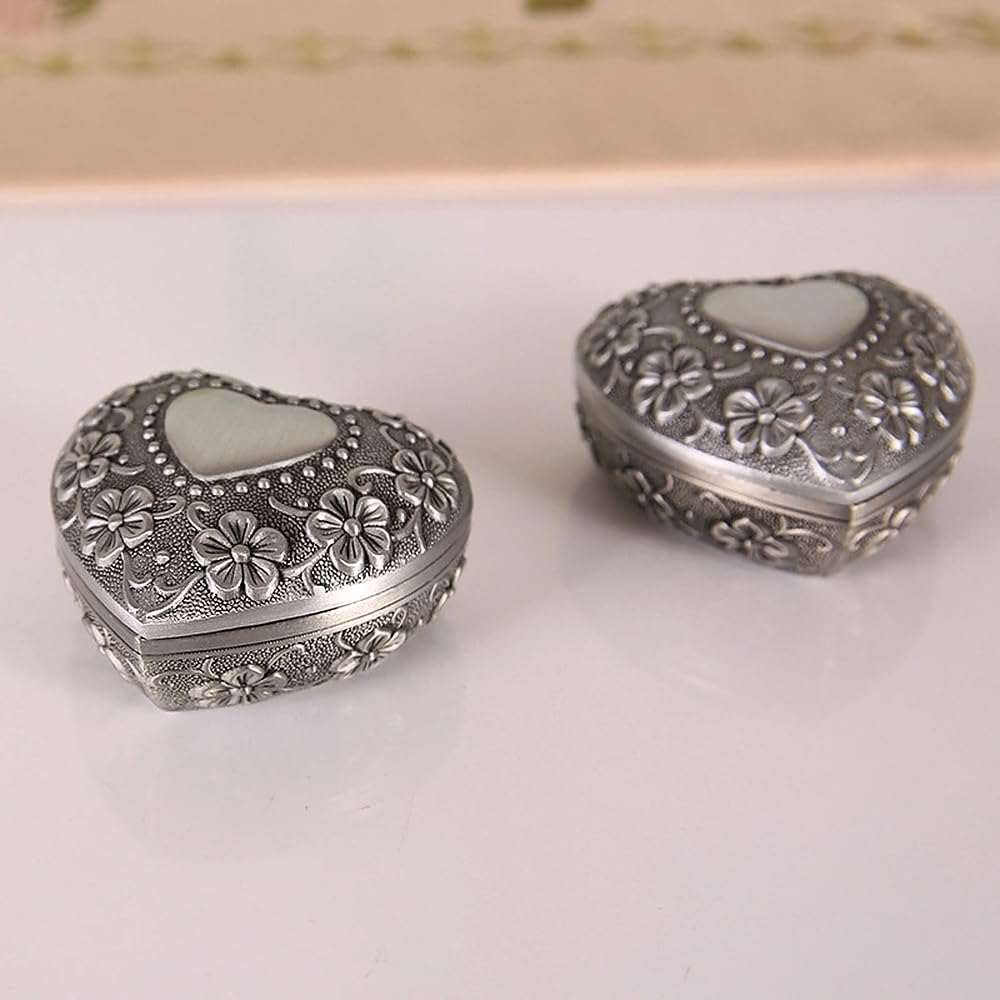 1PC Classic Vintage Antique Heart Shape Jewelry Box Ring Small Trinket Jewellery Storage Organiser Chest Christmas Gift, Silver - Medaid International