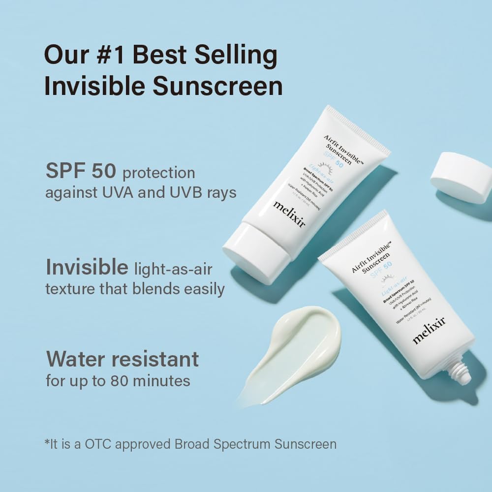 Melixir Airfit Invisible™ Sunscreen SPF 50, Broad Spectrum Korean Rice Sunscreen for Face, Hyaluronic Acid, Moisturizing Daily Protection for Sensitive Skin, No White Cast, Waterproof (1.7fl.oz./50ml) - Medaid International
