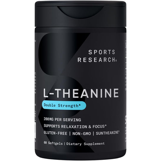 Sports Research Double Strength L-Theanine Supplement - Suntheanine Softgels for Focus, Relaxation & Alertness - Non-Drowsy Support Made with Coconut Oil, Non-GMO & Gluten Free - 200mg, 60 Count - Medaid International