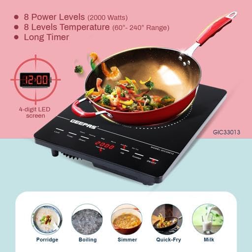 Geepas 4 Digit LED Display Digital Infrared Cooker, GIC33013 | 8 Temperature Settings | 3hrs Programmable Timer | 2000W Ceramic Heating Element - Medaid