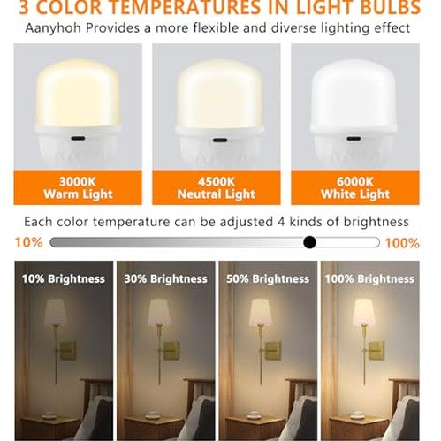 Aanyhoh - USB-C Rechargeable E27 Dimmable Touch Control LED Bulb with Remote, 2600 mAh Battery, Emergency Light Function